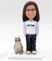 Lady Hands in Pocket with Cat Custom Bobblehead