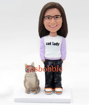 Lady Hands in Pocket with Cat Custom Bobblehead