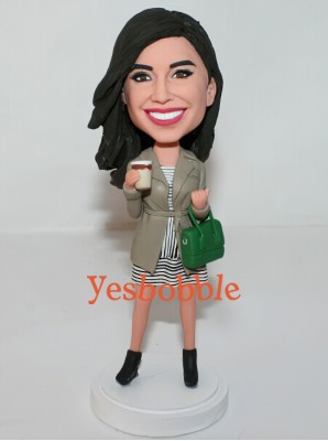 Lady Holding a Green Purse and Cup of Coffee Bobblehead