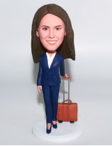 Business Woman With Carry-On Luggage Bobblehead